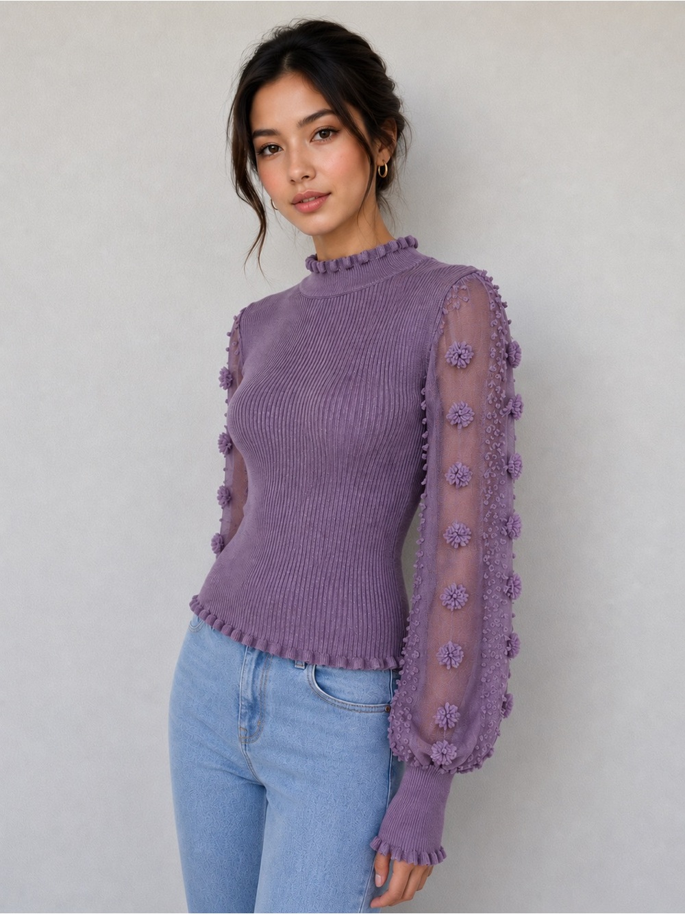 Almost Famous Pretty Petals Mock Neck Sweater M Lavender Fairycore Romantic